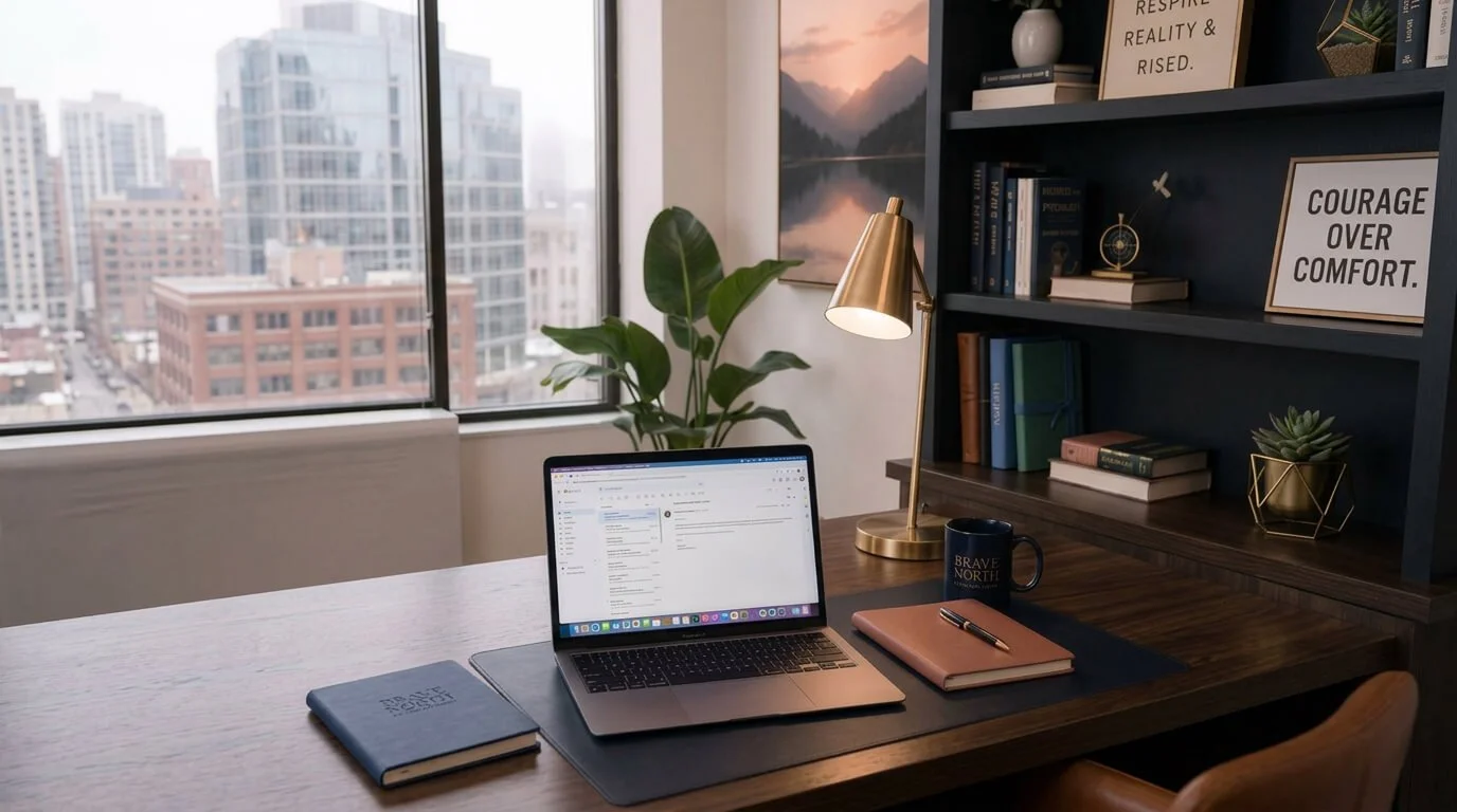 Home office with a desk near a window, a laptop, a closed notebook, a pen, a mug, a lamp, and a bookshelf with decorative items and books.