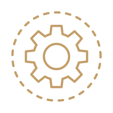 A gear icon with a dashed circle around it.