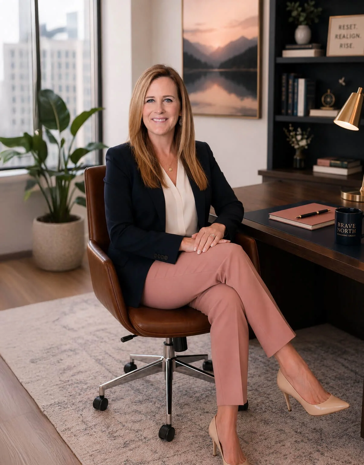 A woman with long blonde hair sitting at an office desk, wearing a navy blazer, white blouse, pink pants, and nude heels. Behind her is a window, a potted plant, a mountain landscape painting, and a black bookshelf with decorative items and books.
