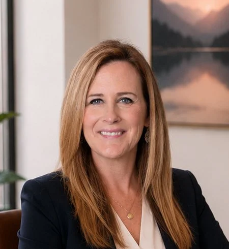 A smiling woman with long, light brown hair wearing a dark blazer and white blouse, sitting indoors with a scenic landscape painting in the background.