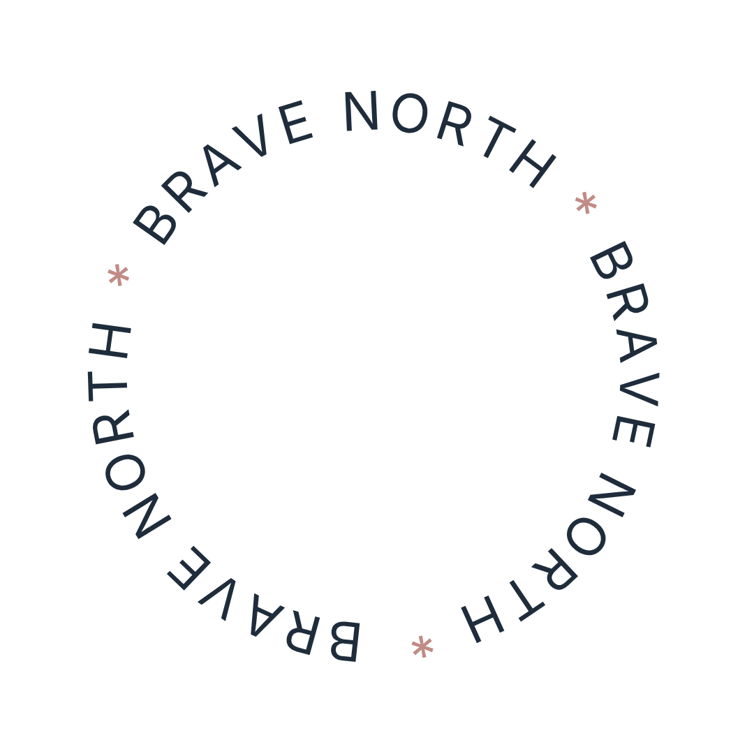 Circle of text saying 'Brave North' and 'Brave South' alternating, with small pink asterisks between the words.