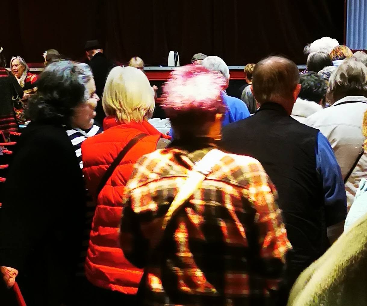 Crowd of elderly people seated in a hall, attending an event or meeting, facing forward towards a stage or speaker.