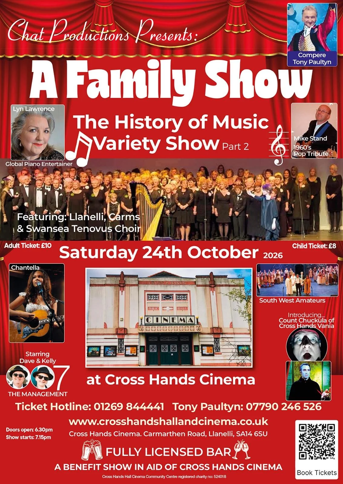 Event flyer for a family show titled "A Family Show: The History of Music Variety Show Part 2" scheduled for Saturday, October 24, 2026, at Cross Hands Cinema. The flyer features a group choir on stage, promotional images of performers including Lyn Lawrence, Tony Paultyn, Mike Stand, and Chantella, and details about the ticket prices, ticket hotline, and event location.