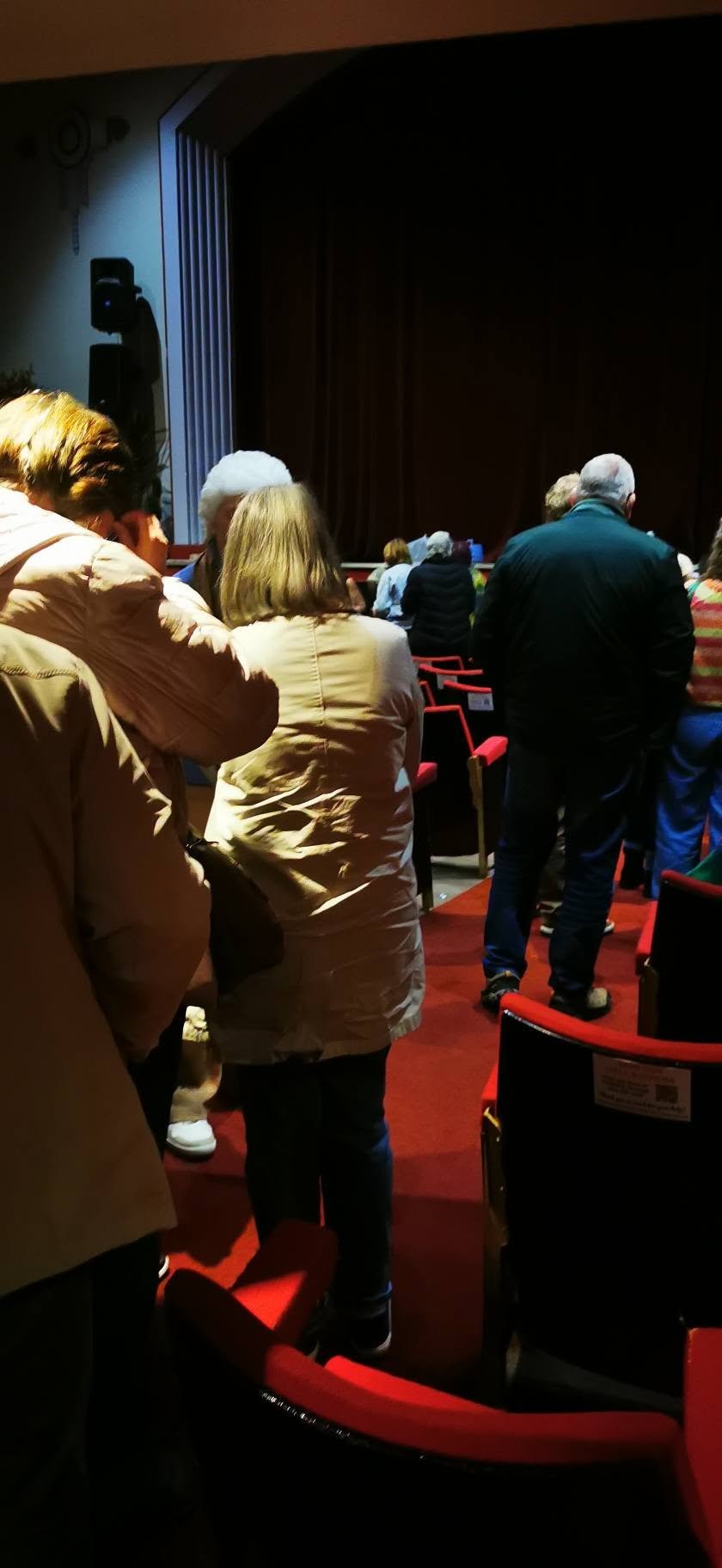 Audience members standing in a theater waiting for a show to start, with some facing the stage and others talking among themselves, with red theater seats and a dark stage in the background.