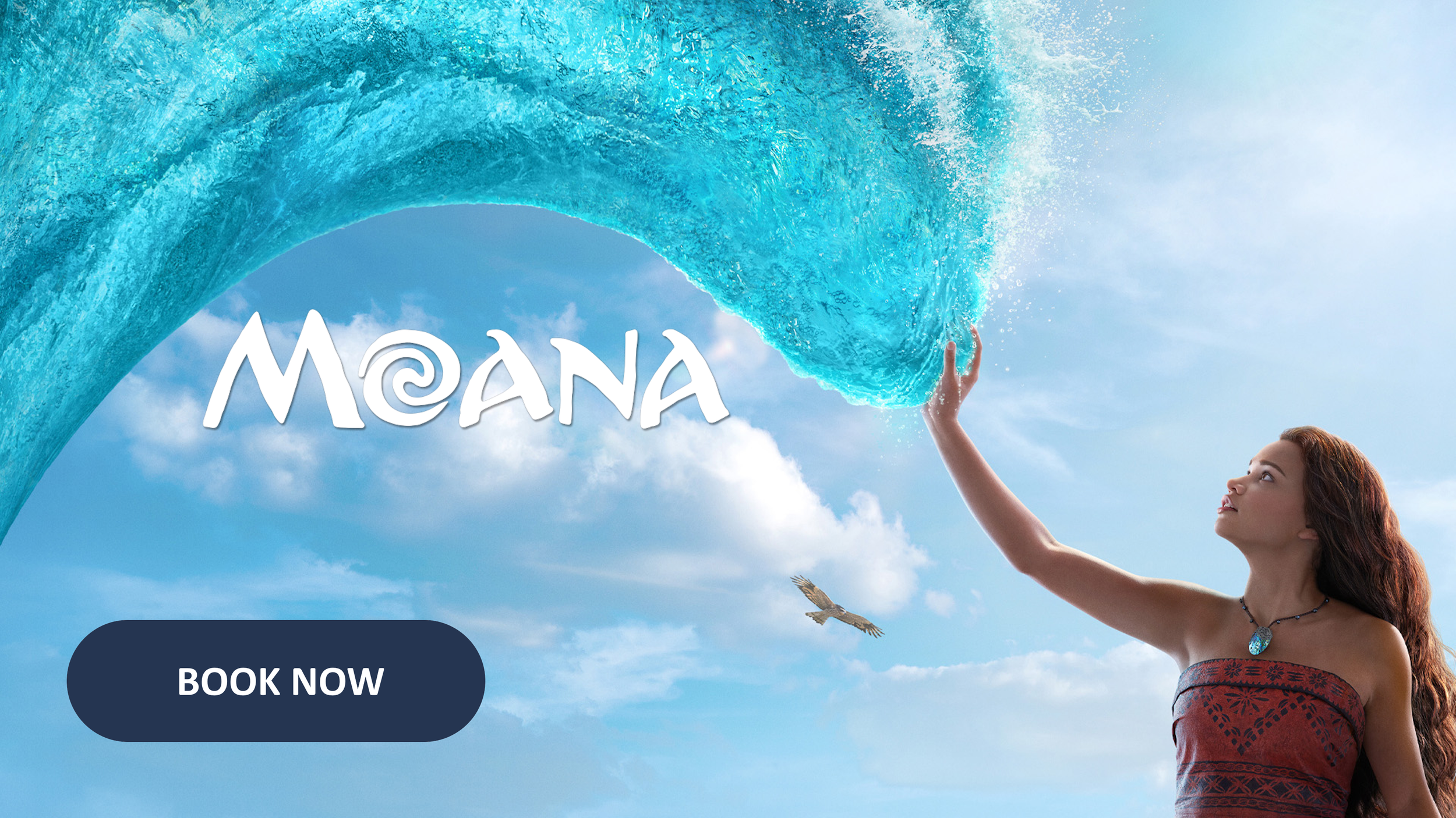 A woman with long hair and wearing a colorful strapless top, holding up a large blue wave-shaped sculpture outdoors under a partly cloudy sky, with the word 'MAUNA' written in stylized white letters across the wave, and a bird flying nearby.