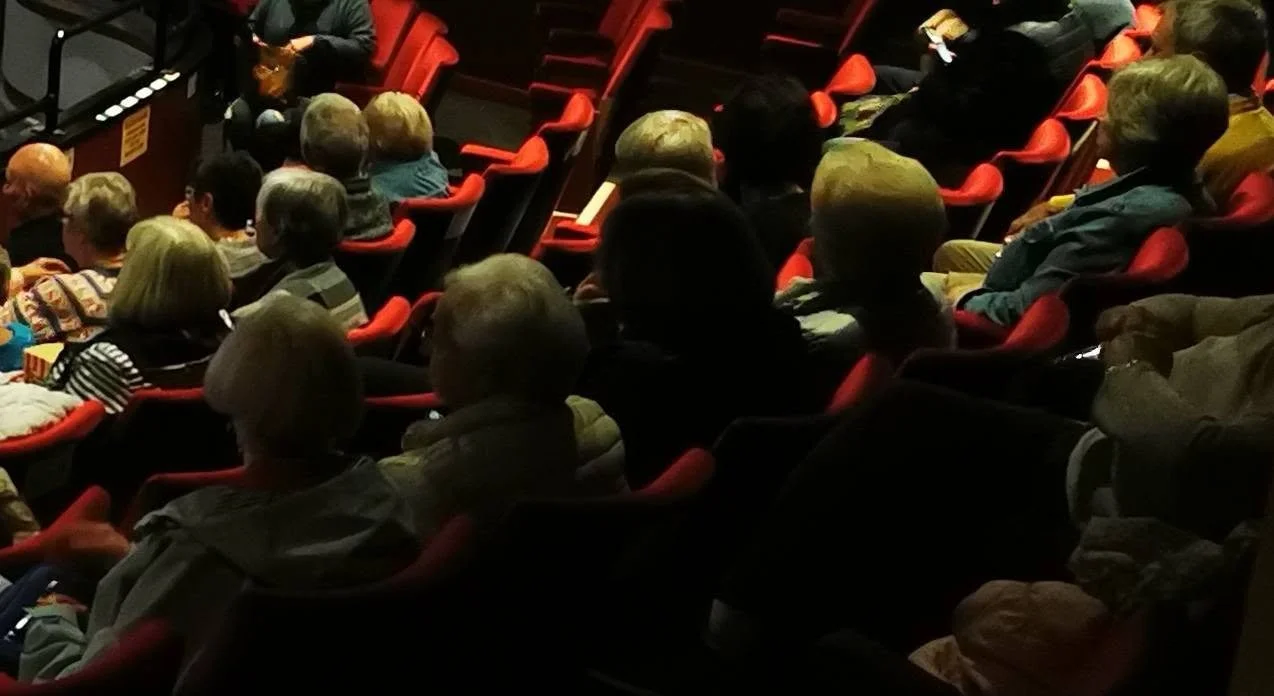 Audience seated in a dark auditorium with red chairs, attending a presentation or performance.