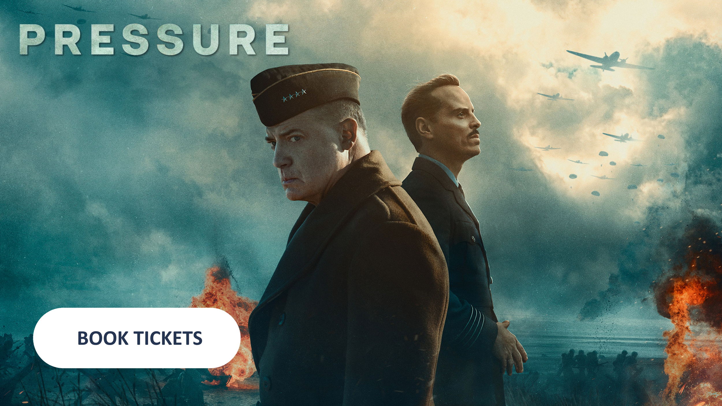 Two men stand back to back, one wearing a military hat and coat, the other in a suit, with a war scene in the background featuring planes, explosions, and smoke, suggesting a historical or wartime setting.