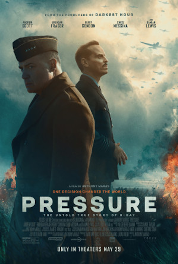 Movie poster for "Pressure" featuring two men, one in a military uniform and the other in a suit, standing back-to-back with a background of clouds and smoke, and fighter jets flying in the sky.