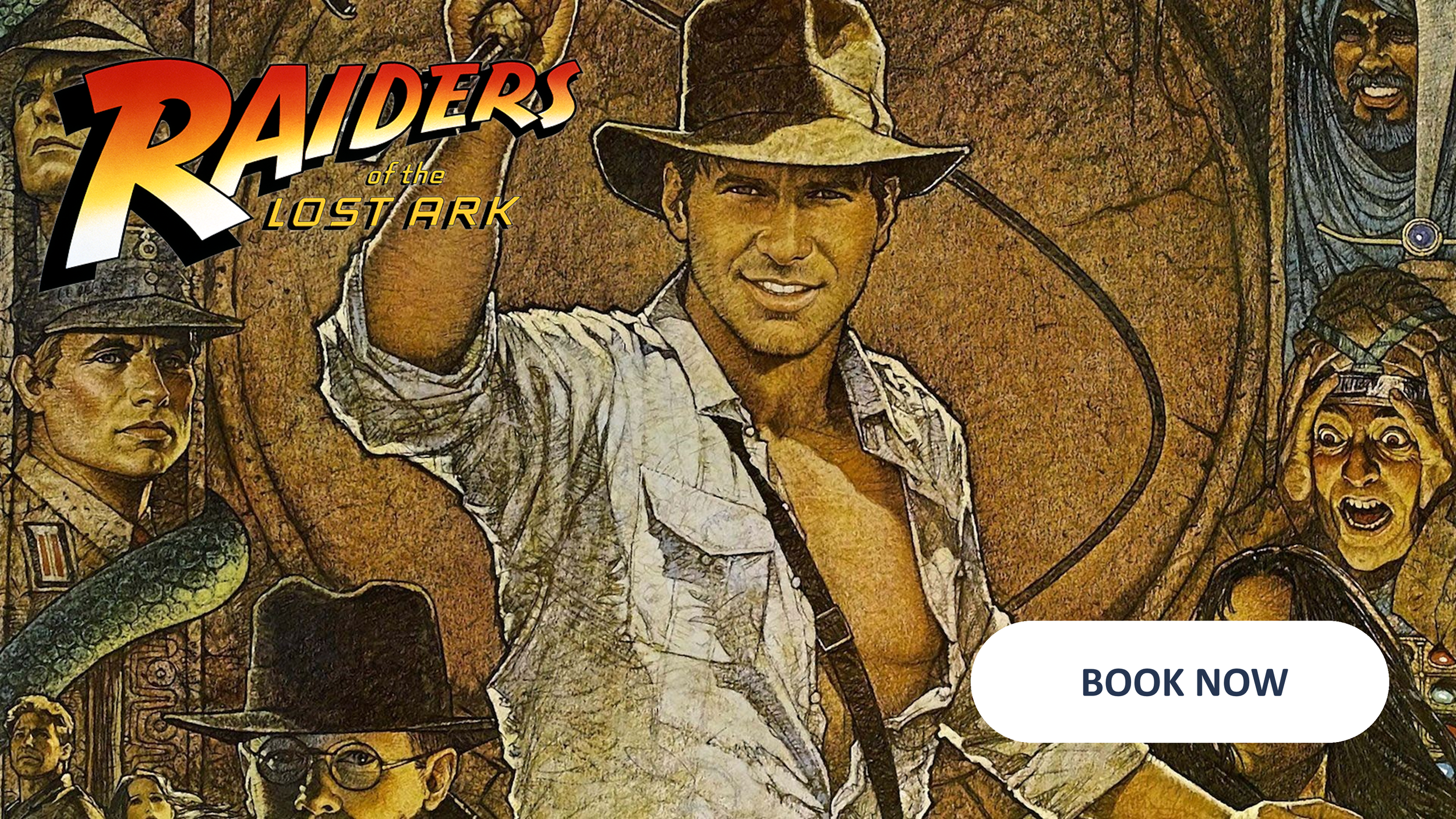 A vintage illustrated poster for the movie 'Raiders of the Lost Ark' featuring Indiana Jones wearing a hat, with other characters and elements from the film in the background.