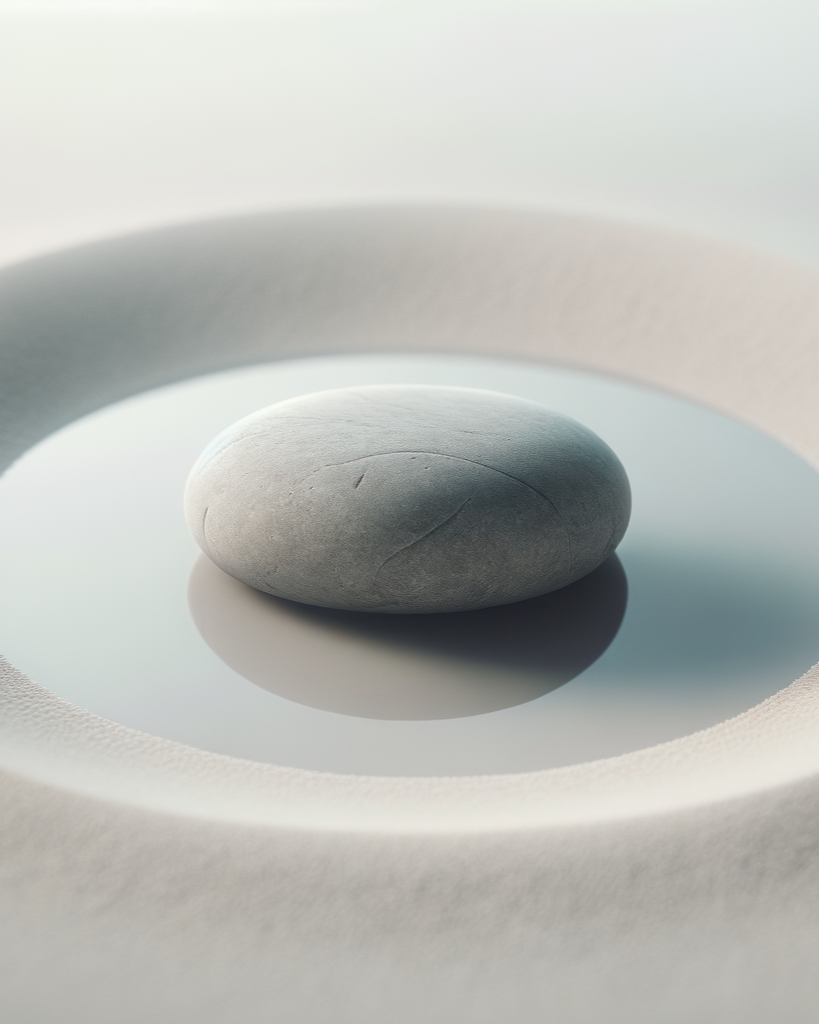 A smooth, oval gray stone resting on a reflective surface, surrounded by a circular structure with soft lighting.
