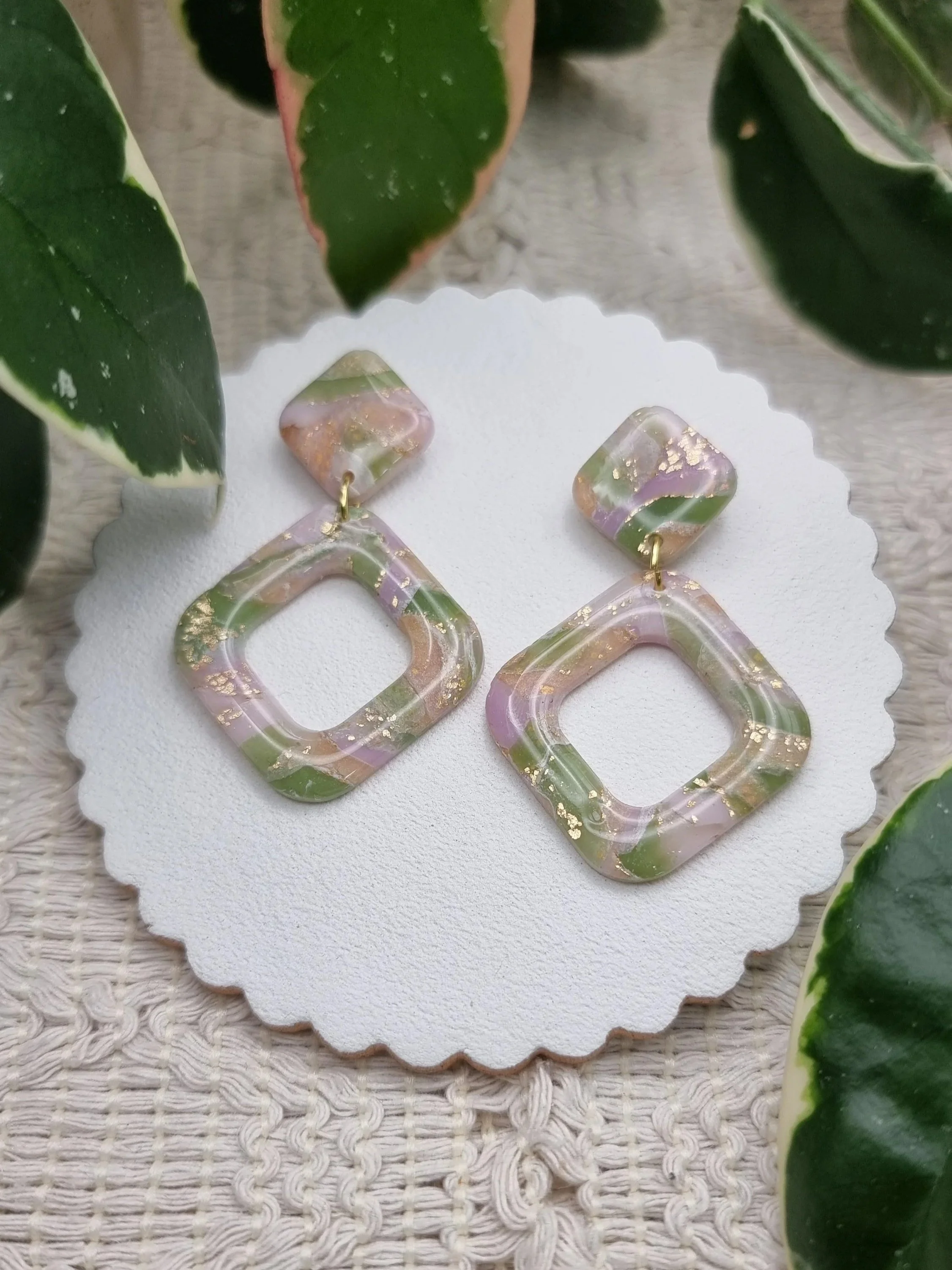 Handmade polymer clay open square earrings with gold leaf, in green, lilac and peach - Spring Meadow Scraps collection