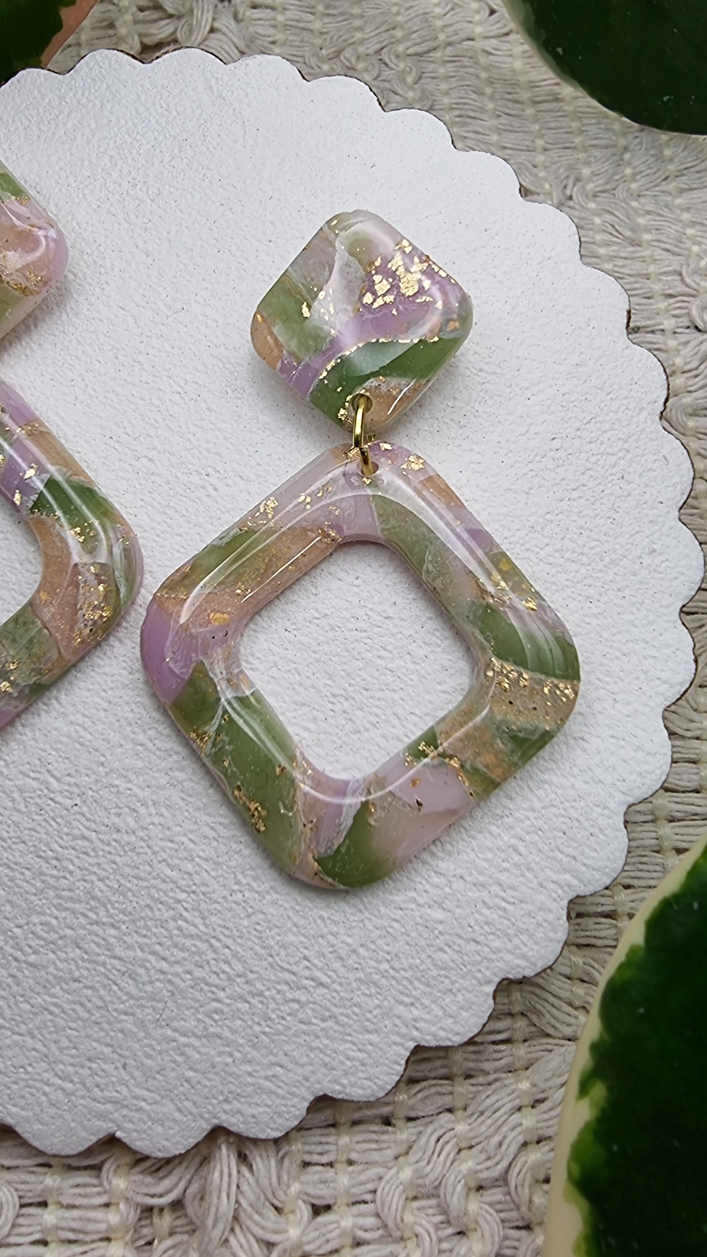 Handmade polymer clay open square earrings with gold leaf, in green, lilac and peach - Spring Meadow Scraps collection