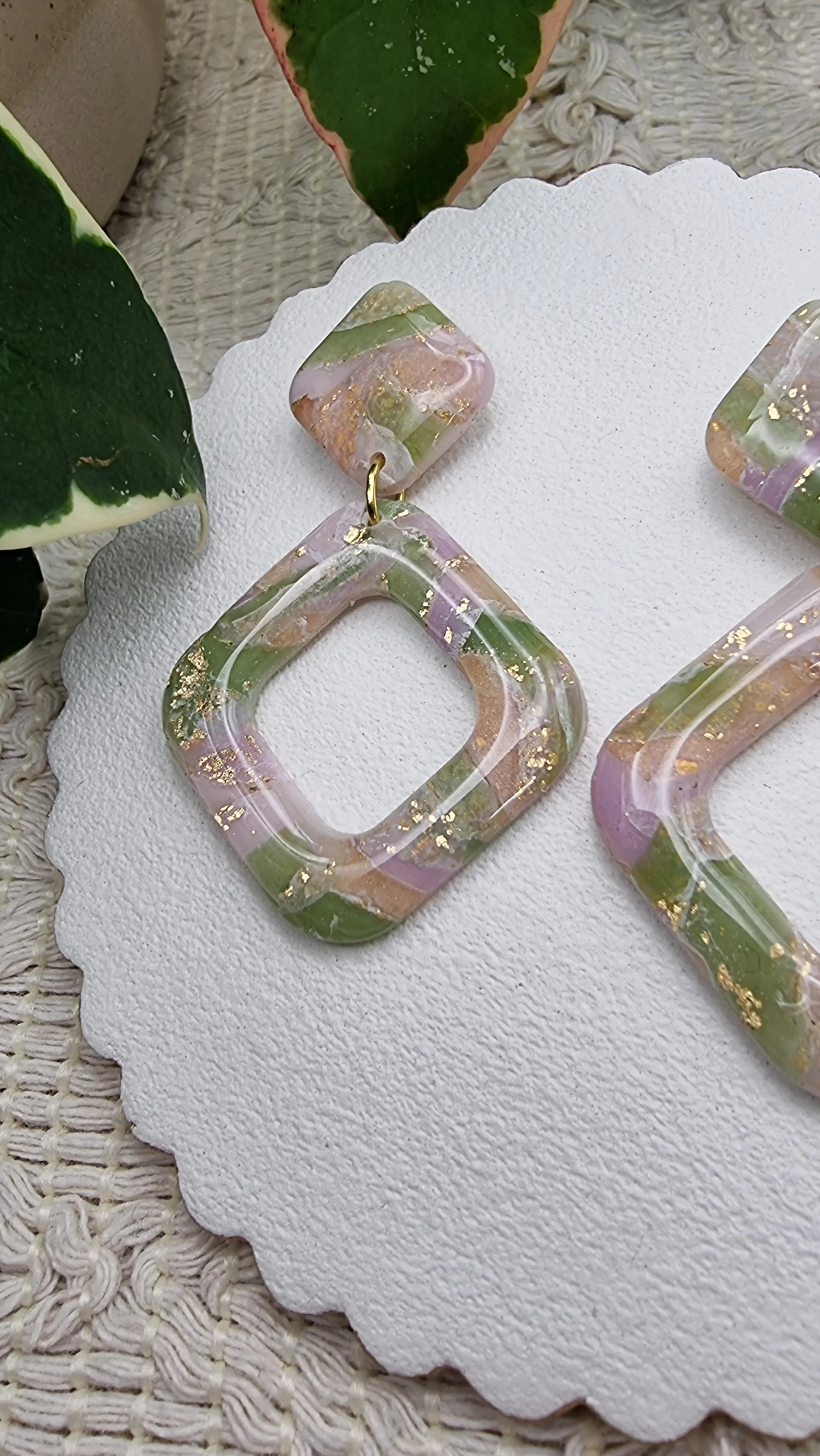 Handmade polymer clay open square earrings with gold leaf, in green, lilac and peach - Spring Meadow Scraps collection