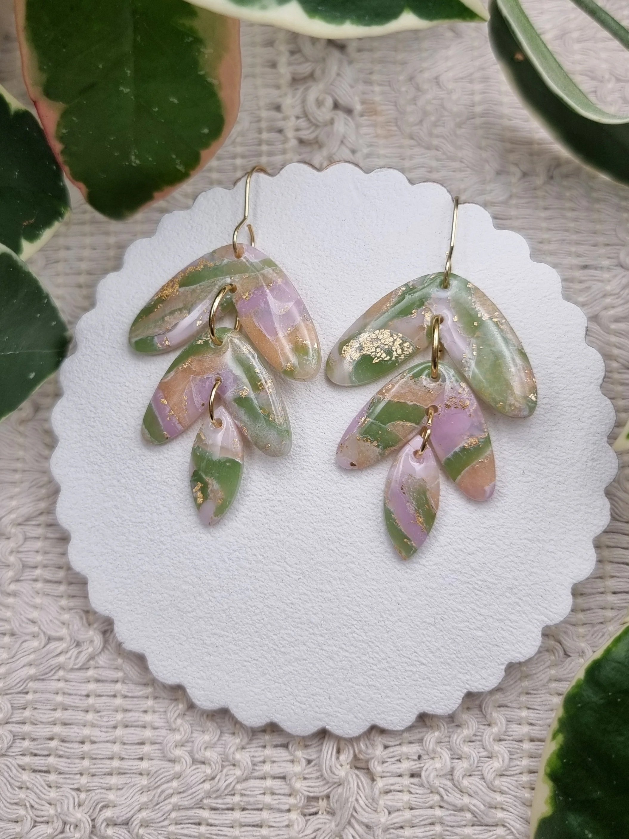 Handmade polymer clay leaf cluster earrings with gold leaf, in green, lilac and peach - Spring Meadow Scraps collectio