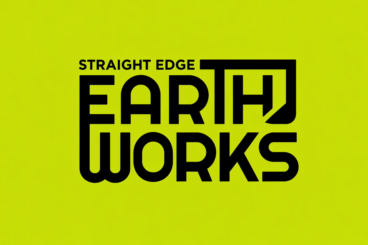 'Straight Edge EARTH WORKS' logo with excavator earth mover on neon green background.