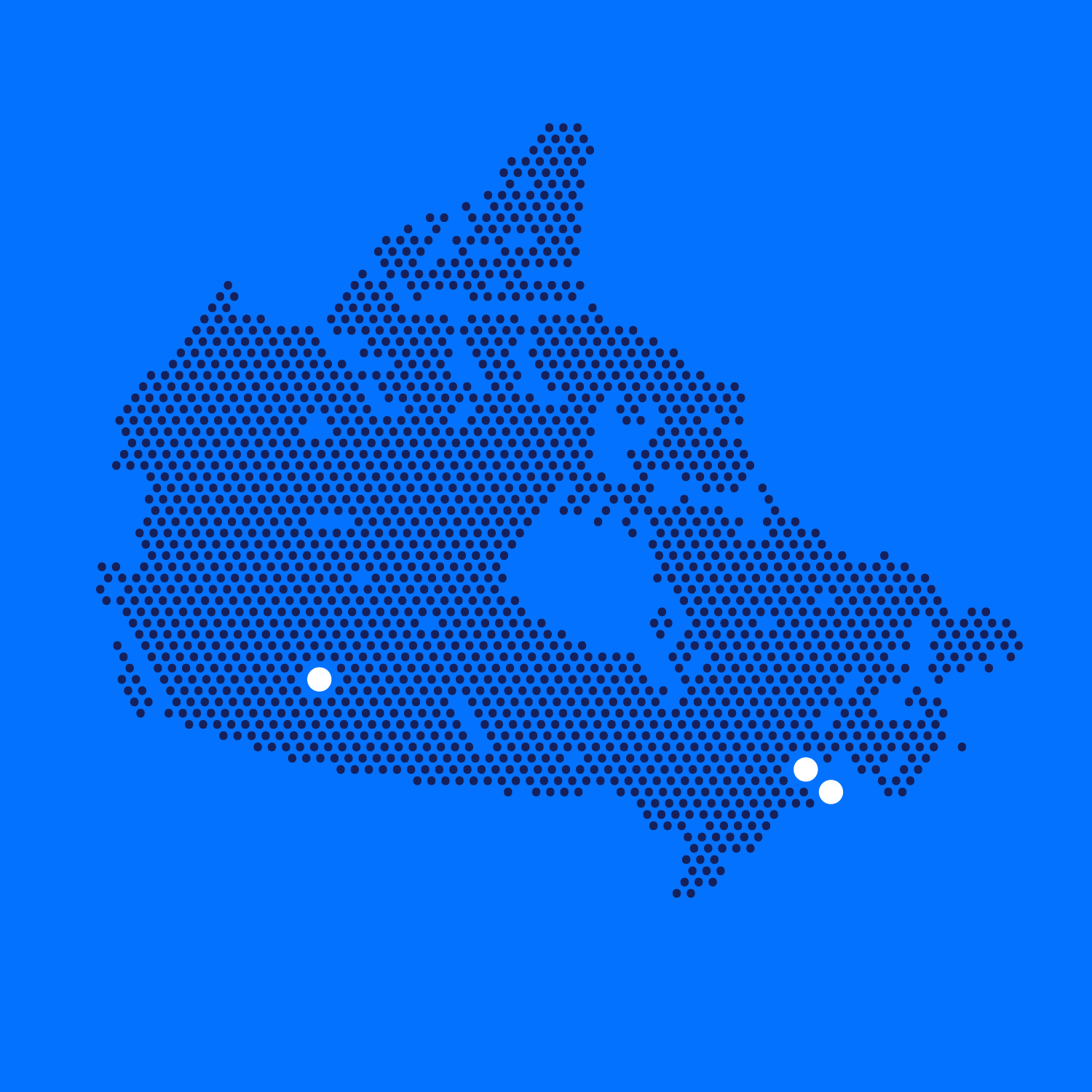 Illustration of a map of Canada, formed by small black dots on a blue background, with three white dots marking specific locations, Montreal - Laval - Edmonton