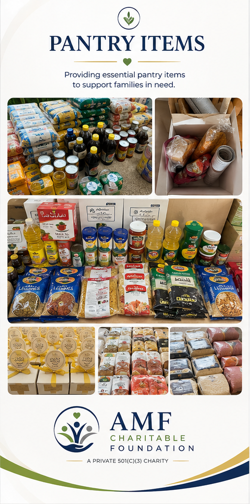A flyer for the AMF Charitable Foundation showcasing pantry items including canned goods, bottled beverages, boxed foods, baked goods, and household supplies, with the foundation's logo and a slogan supporting families in need.