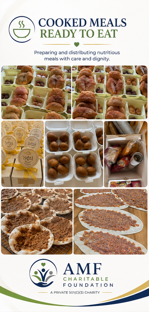 Collage of prepared meals, including bread rolls, cheese boxes, baked dishes, and food ingredients, promoting nutritious meals from AMF Charitable Foundation.