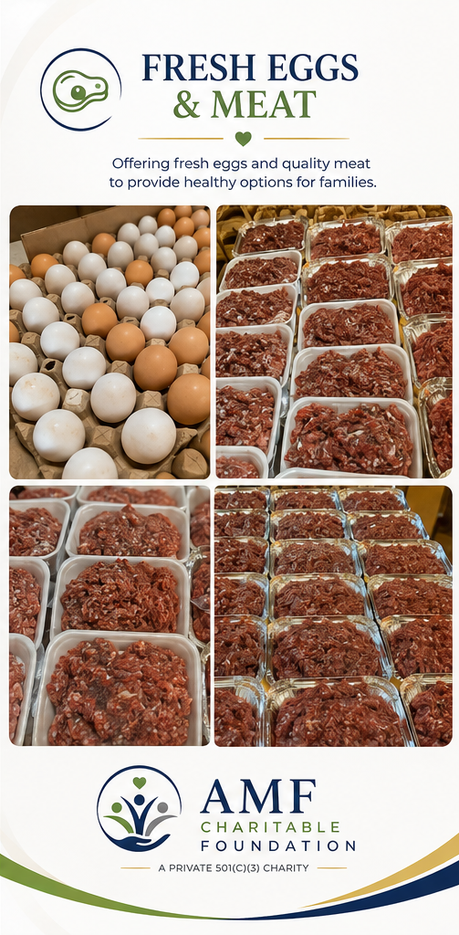 Display of fresh eggs and packaged ground meat at a charitable food distribution event organized by the AMF Charitable Foundation.
