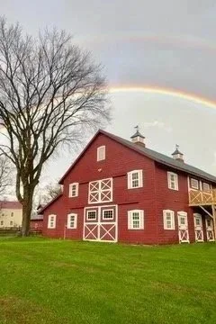 Red barn with white trim, large leafless tree, rainbow in cloudy sky, grassy field in foreground.
