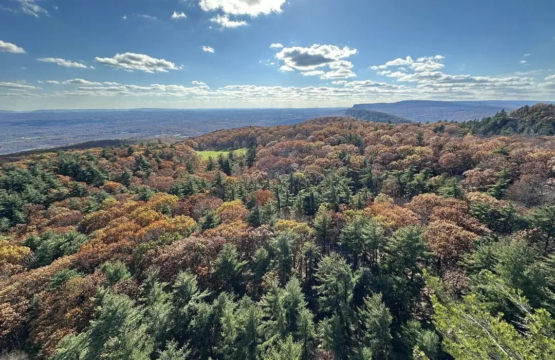 A scenic view of a Mohonk Preserve, landscape with trees showing fall colors under a partly cloudy sky.