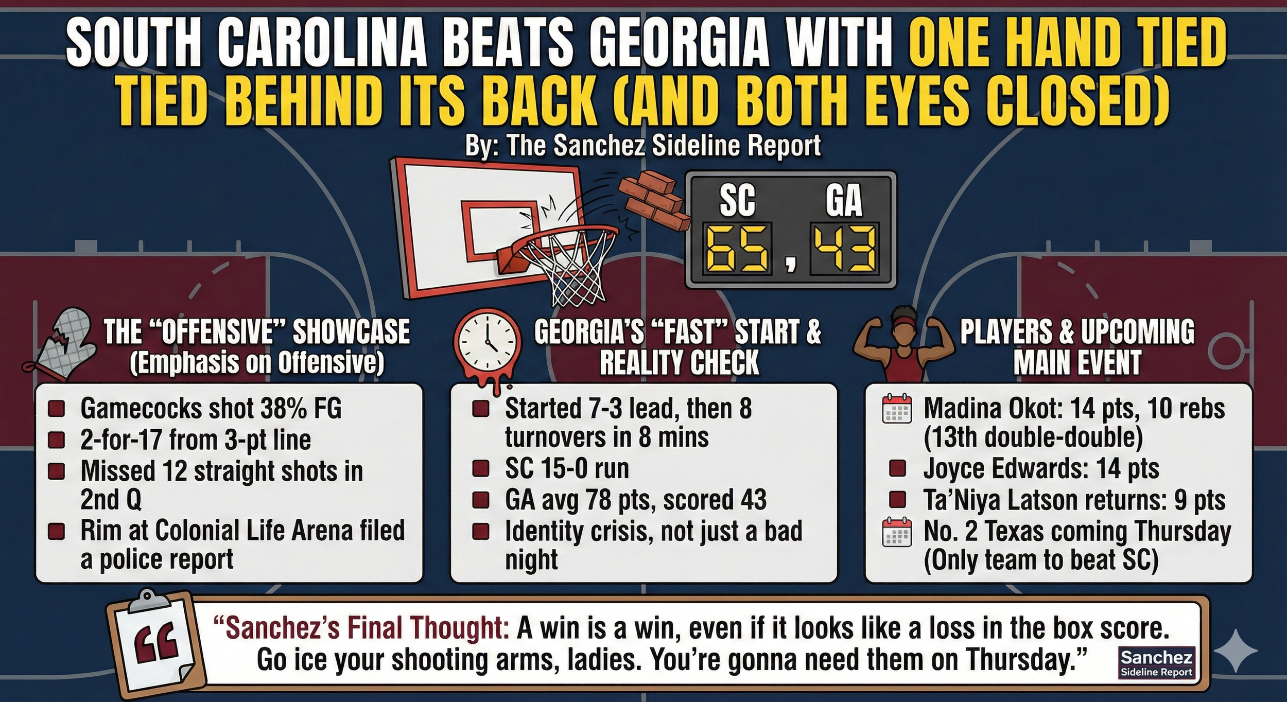       
  
    If you love the sound of basketballs clanking off the rim, boy, do I have the game for you.  No. 3 South Carolina defeated Georgia  65-43  on Sunday to secure their 20th straight victory over the Lady Bulldogs. But let’s be honest: this