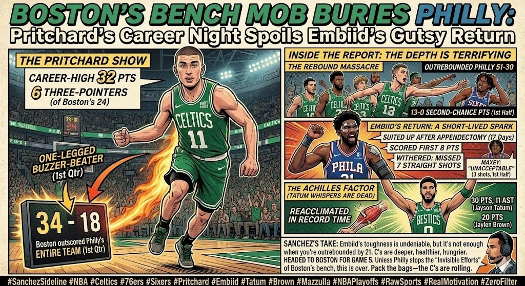 Boston’s Bench Mob Buries Philly: Pritchard’s Career Night Spoils Embiid’s Gutsy Return