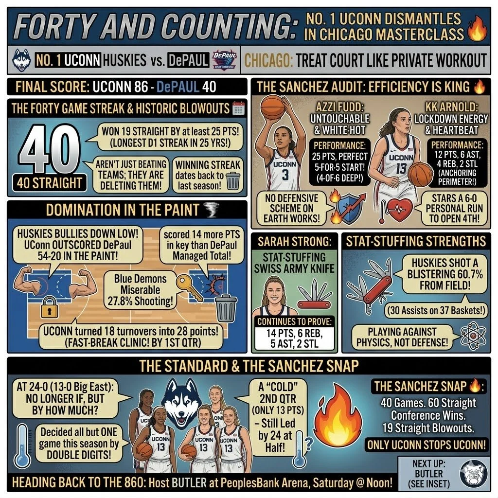 Forty and Counting: No. 1 UConn Dismantles DePaul in Chicago Masterclass