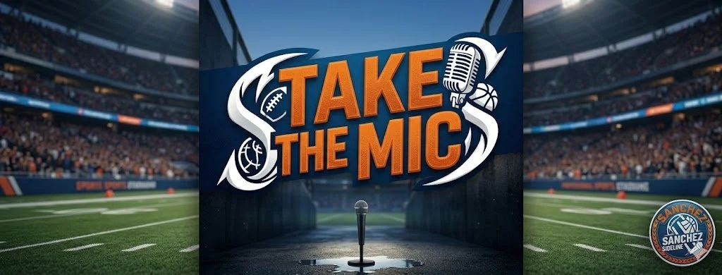 A football stadium with a grassy field and a crowd of spectators, showing a graphic with the text 'Take the Mic' accompanied by sports equipment icons and a microphone, and a logo of a football player labeled 'Sanchez SideLine' in the lower right corner.