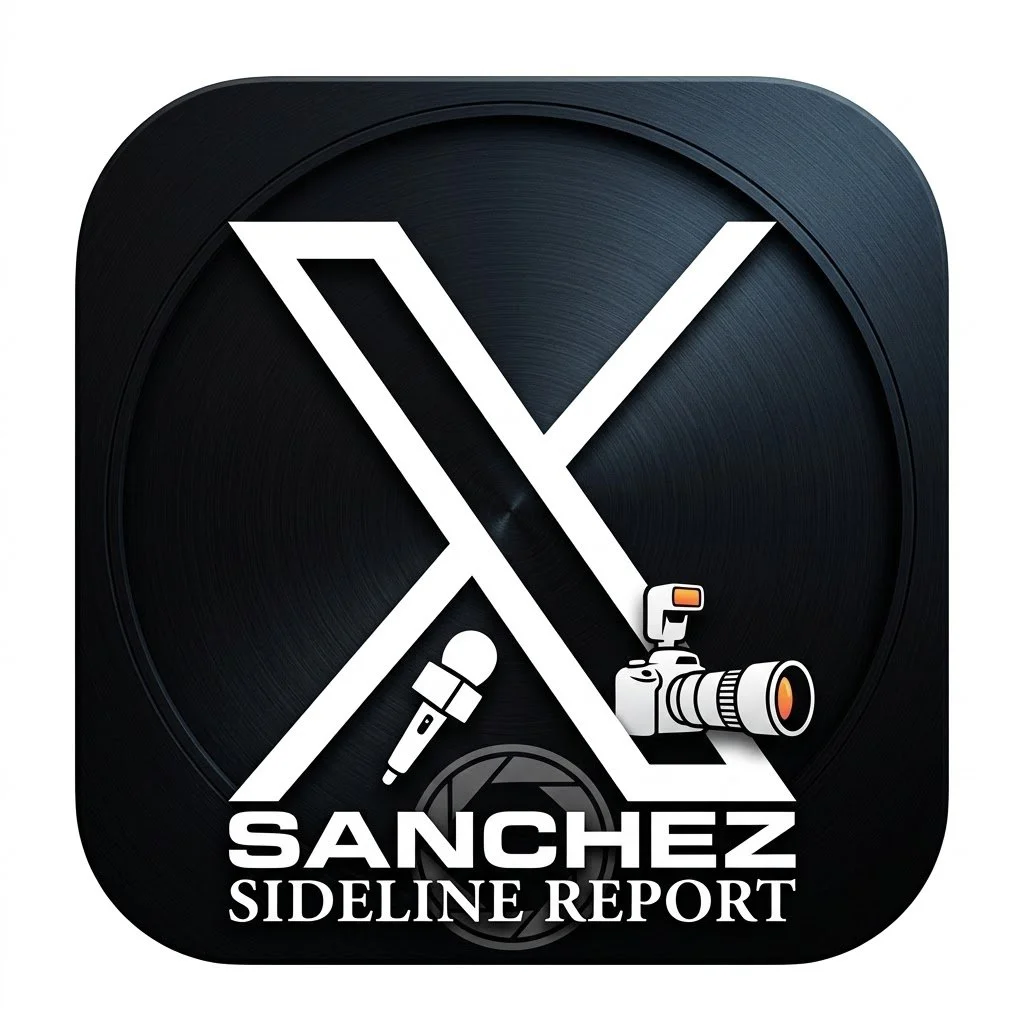 App icon with a black background, featuring images of a microphone and a camera, and text that reads 'Sanchez Sideline Report'.