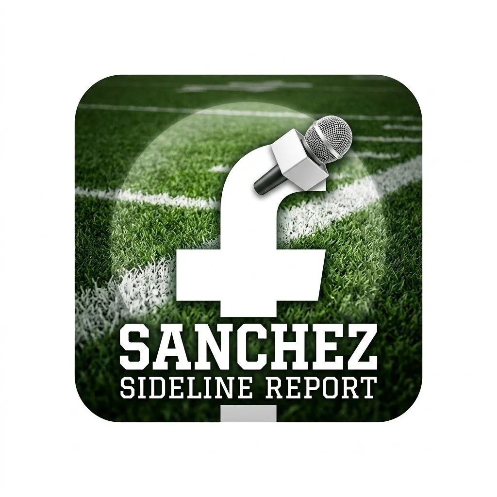 Logo for Sanchez Sideline Report featuring a football field background, a large 'F' with a microphone, and the text 'Sanchez Sideline Report'.
