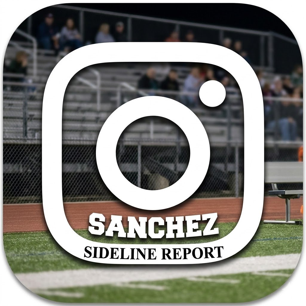An app icon overlayed on a photo of a sports stadium with spectators sitting on bleachers behind a chain-link fence.