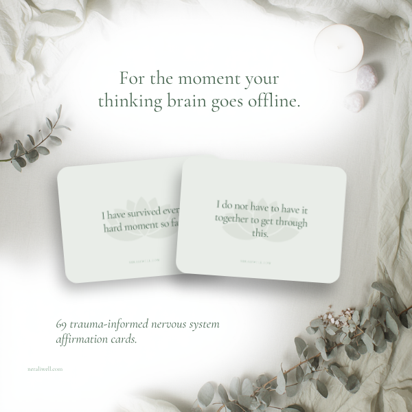 Inspiration quote about mental health, with trauma-informed nervous system affirmation cards and natural decor including leaves and candles.