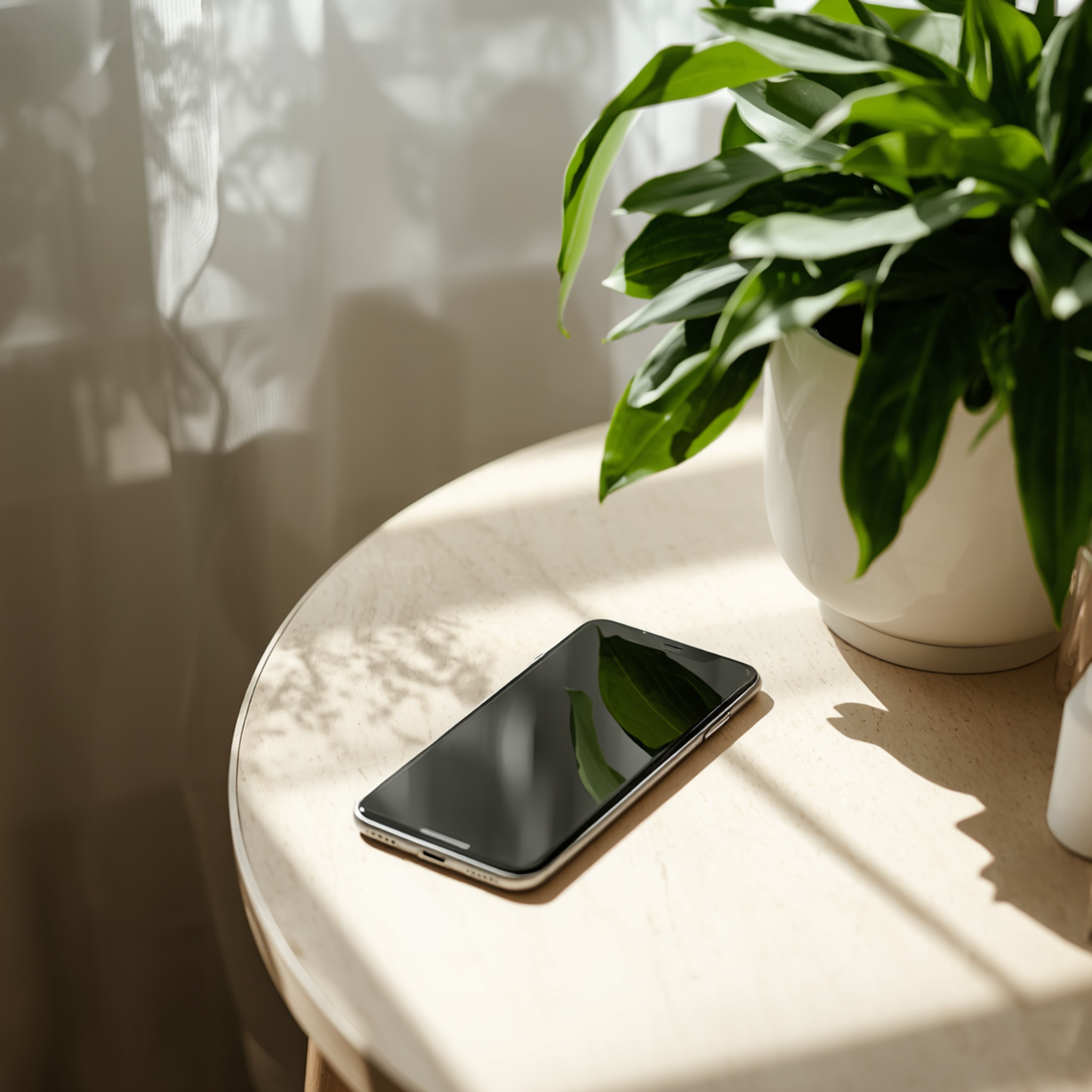 Image of cellphone on a light wooden table next to a plant. Soft morning sunlight.