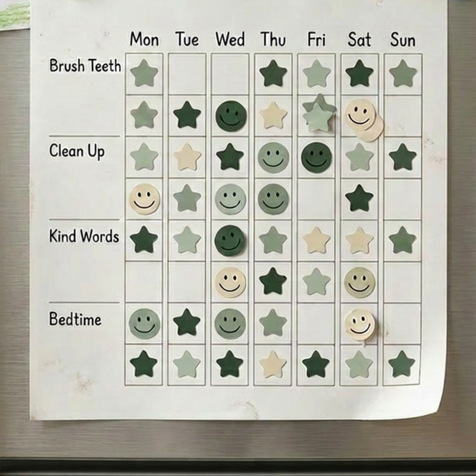 Sticker chart on steel fridge with green and tan start and smiley-face stickers.