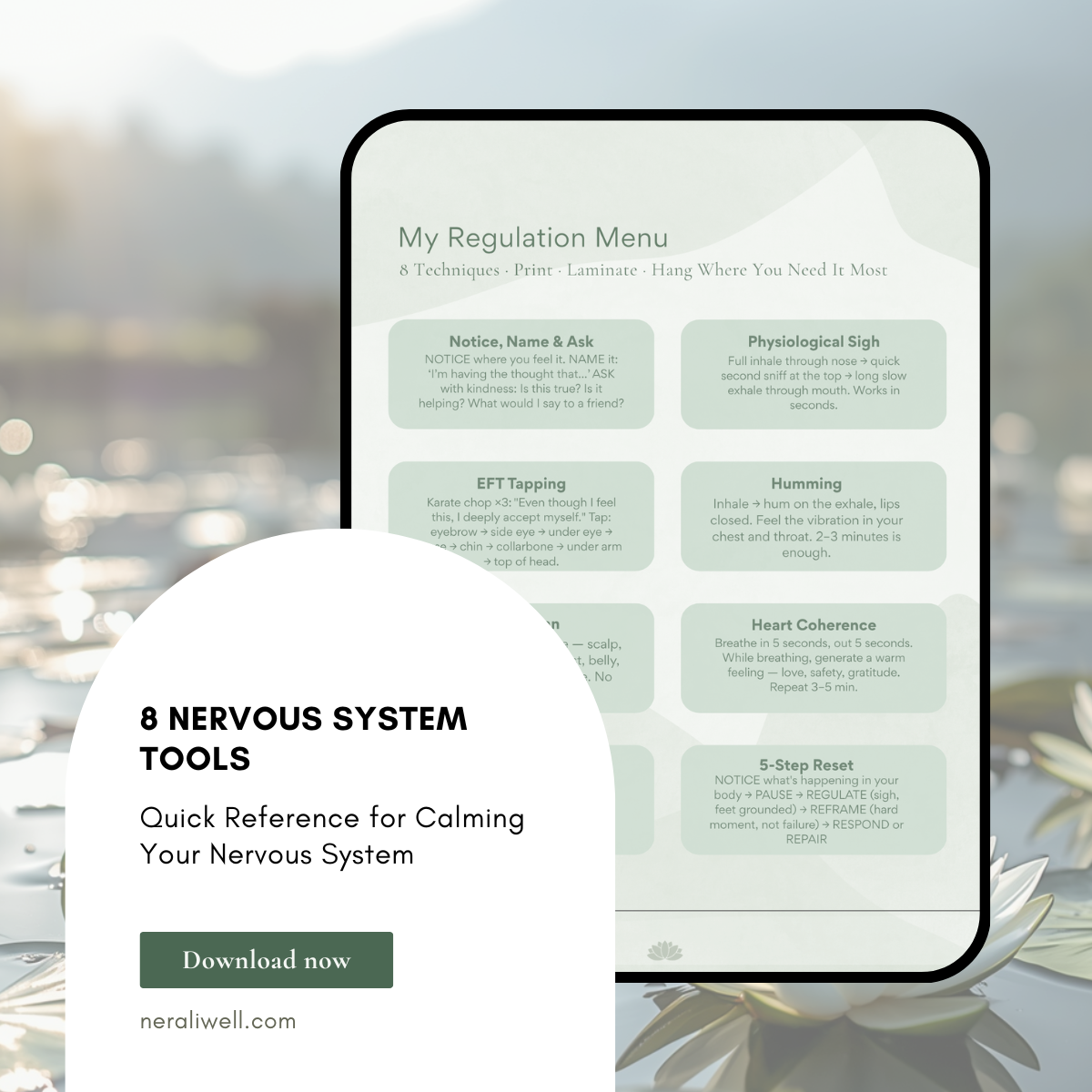 A digital flyer titled "8 Nervous System Tools" with a subtitle "Quick Reference for Calming Your Nervous System" and a "Download now" button, next to a screenshot of a calming regulation menu that includes techniques like Notice, Name & Ask, Physiological Sigh, EFT Tapping, Humming, Heart Coherence, and 5-Step Reset.