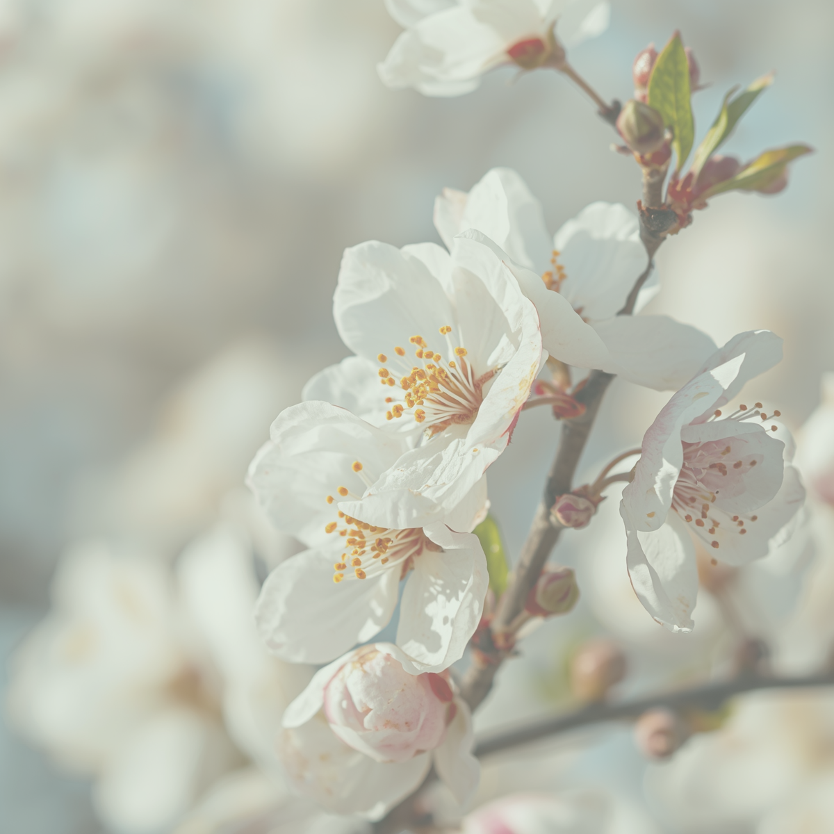 Close-up of white flowers with yellow stamens on a branch, soft background.
