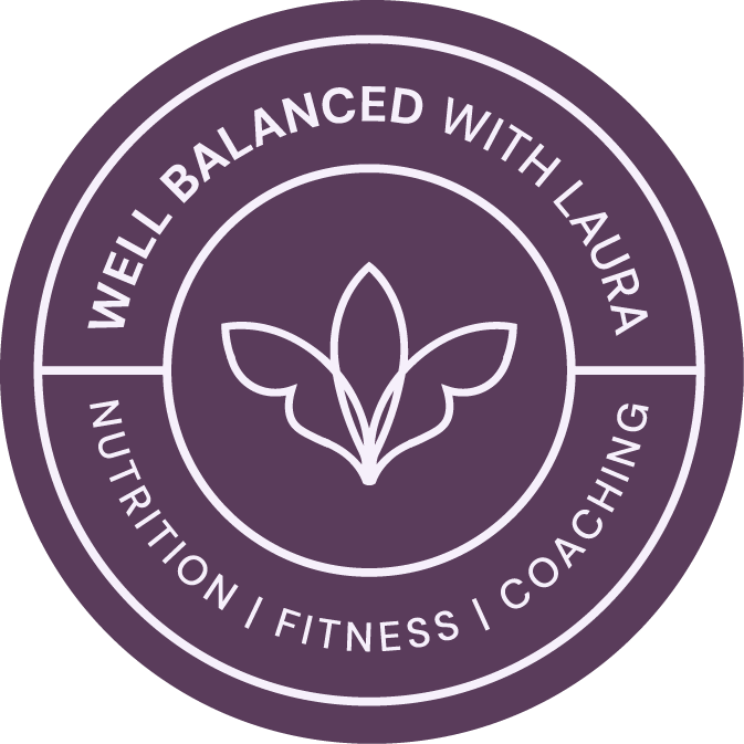 Circular logo with a purple background and white text. The text reads "Well Balanced with Laura" at the top and "Nutrition | Fitness | Coaching" at the bottom, with a stylized leaf or plant icon in the center.