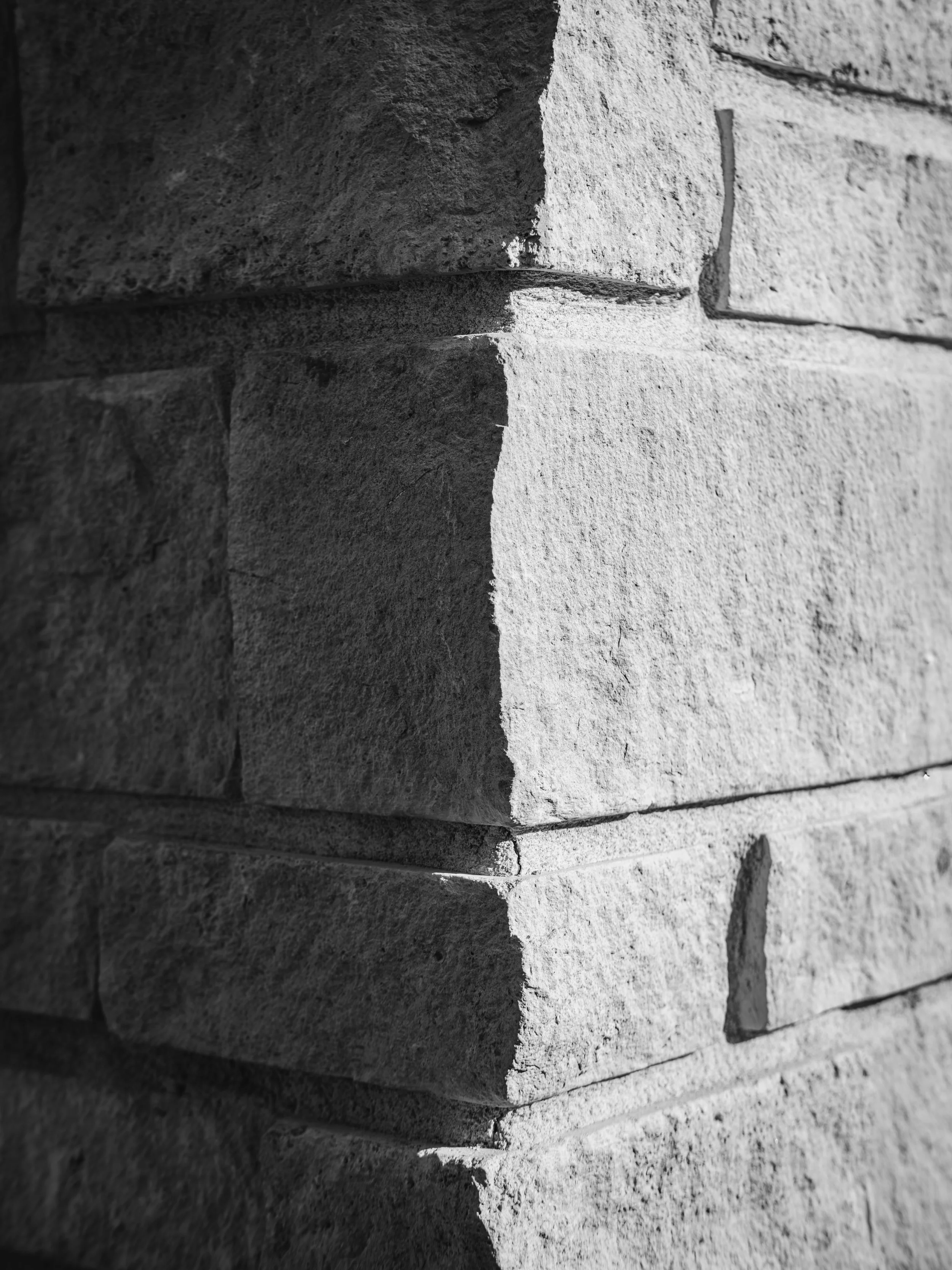 Close-up view of a stone wall with textured, rectangular stones in black and white.