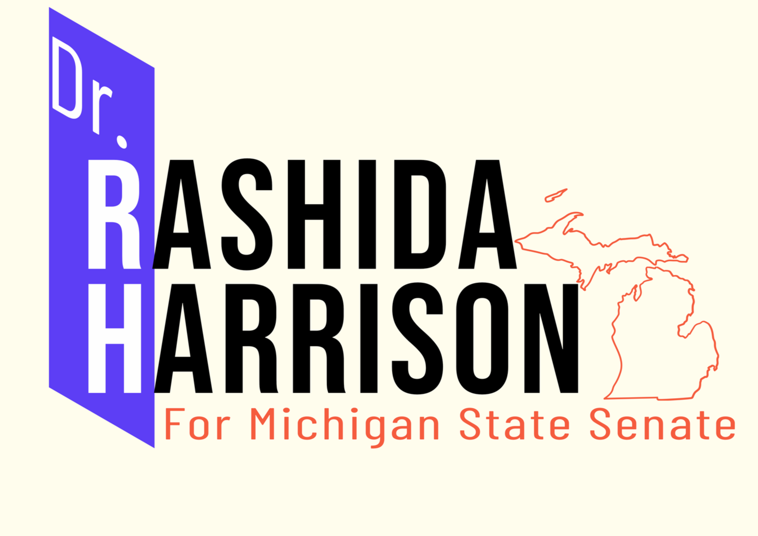 Campaign graphic for Rashida Harrison running for Michigan State Senate, featuring her name in bold, a stylized Michigan outline, and a blue and red color scheme