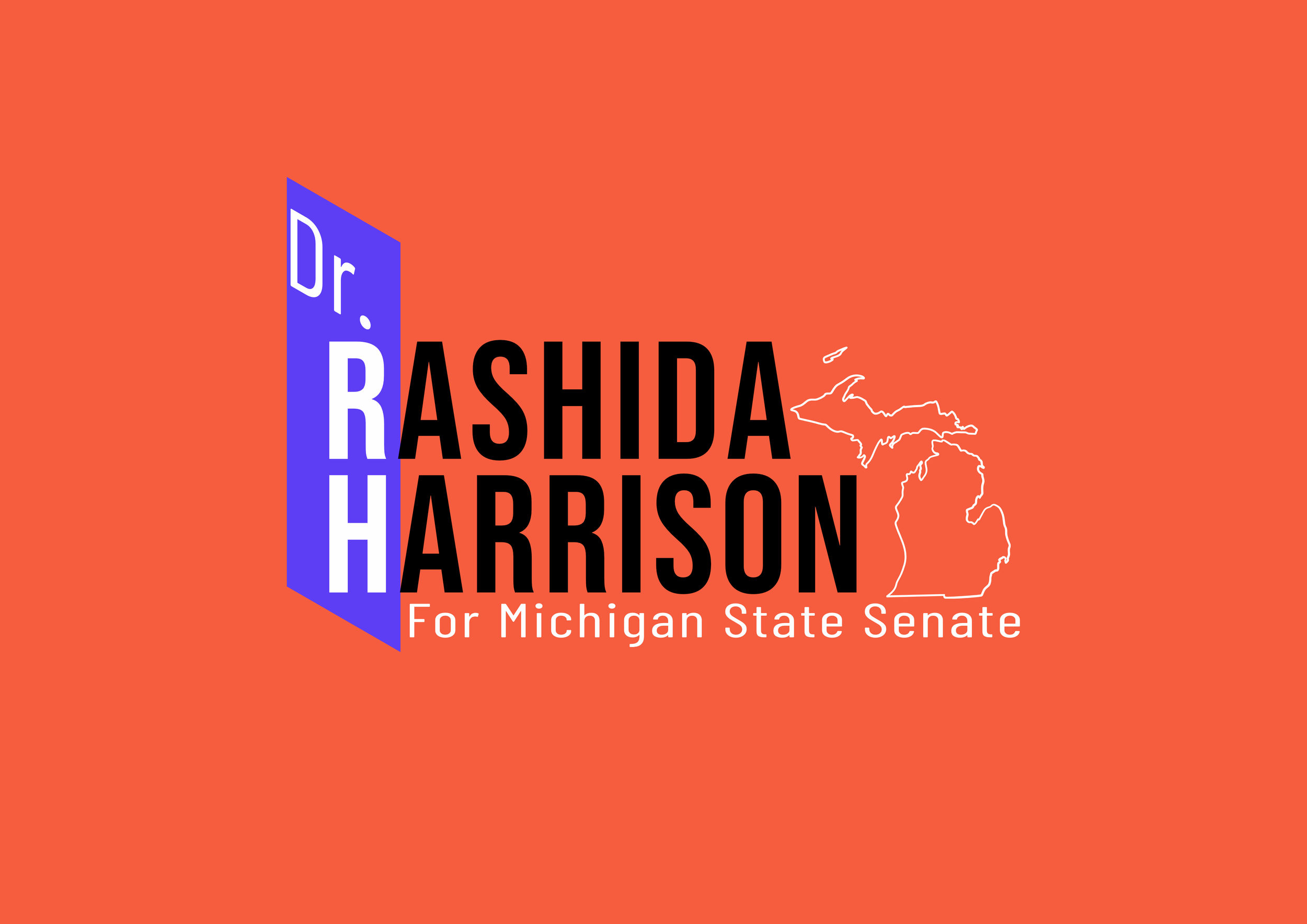 Campaign sign with candidate's name 'Dr. Rashida Tlaib' and 'For Michigan State Senate', on an orange background, featuring a partially visible map outline of Michigan.