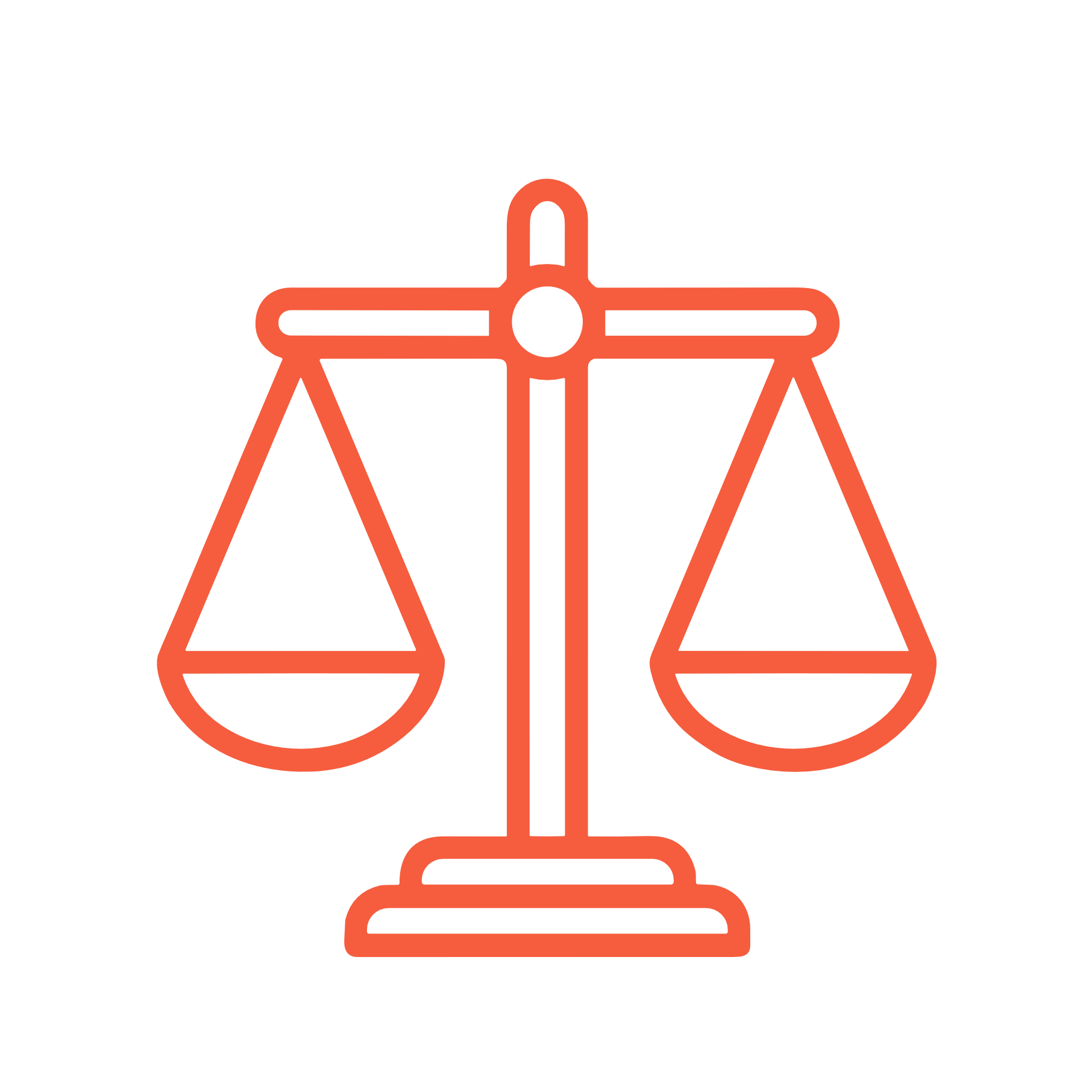 Outline of the scales of justice in orange on a black background.