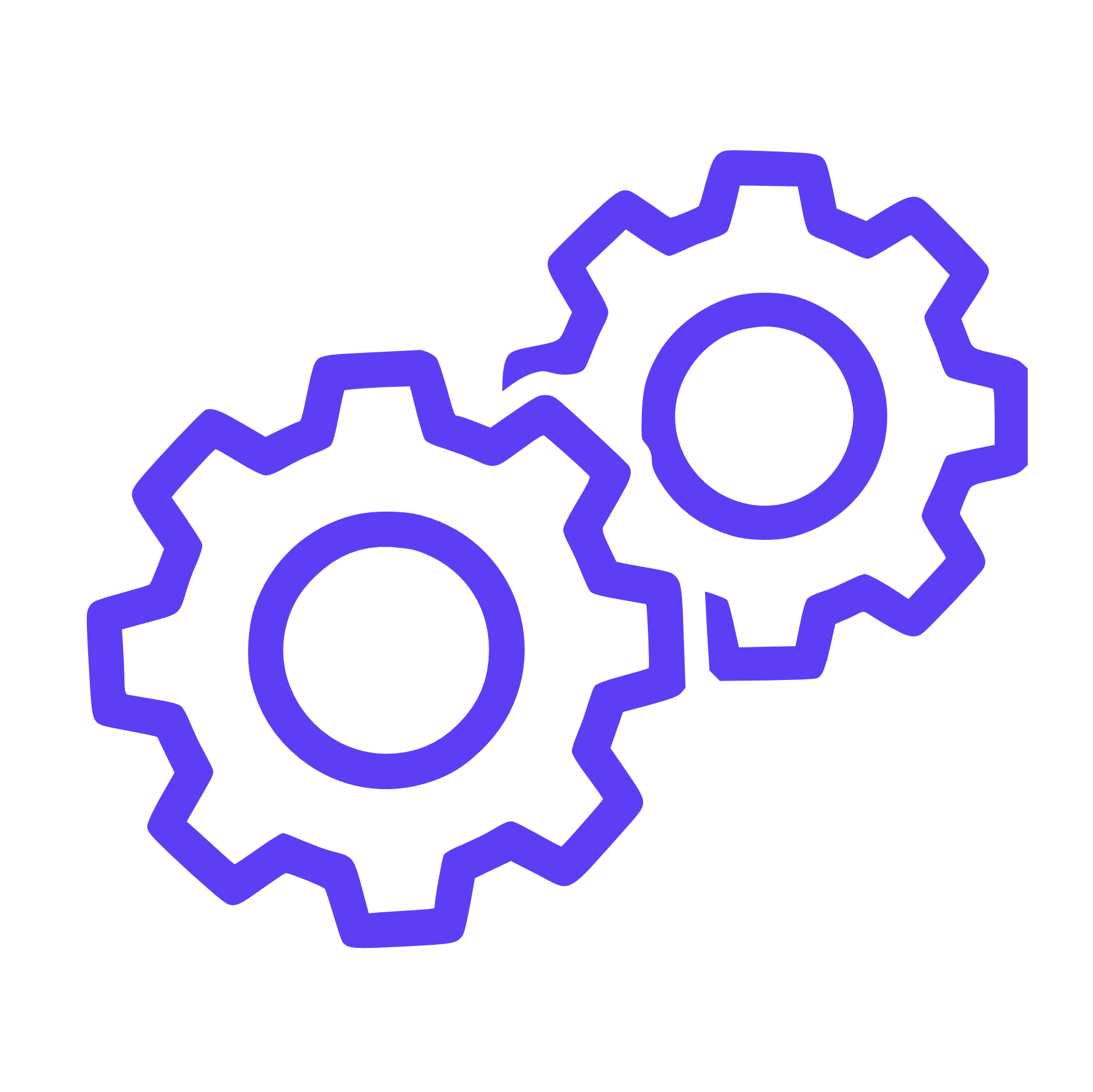 Line art illustration of interlocking gear icons in shades of purple and blue on a black background.