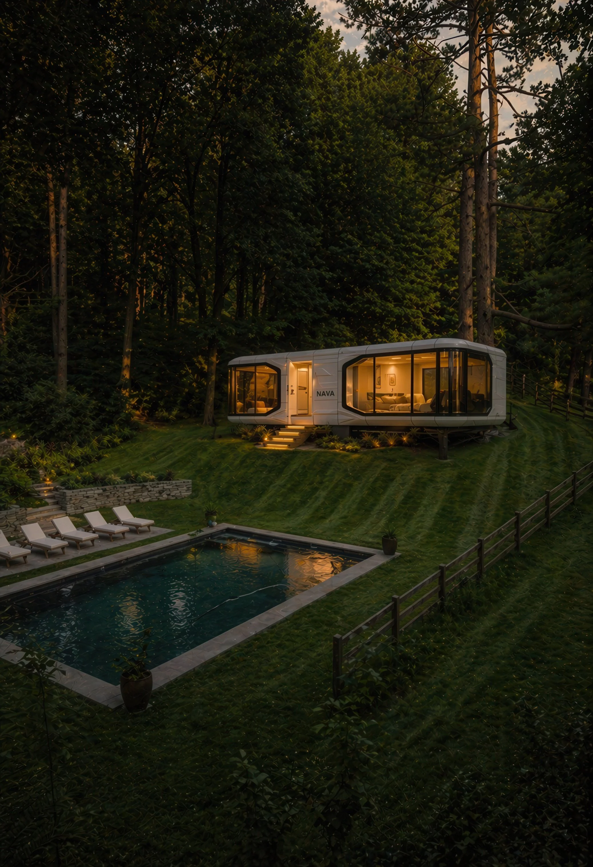 A modern tiny home with large glass windows, illuminated interior, surrounded by tall trees at dusk. In the foreground, there's an outdoor swimming pool with lounge chairs, and the area is softly lit with garden lights.