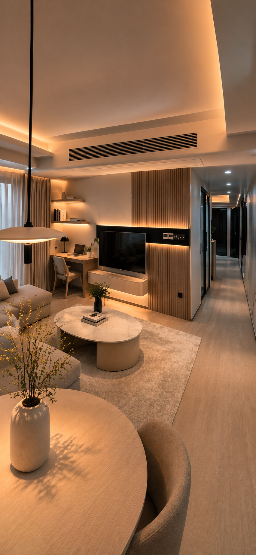 Modern living room with neutral tones, a marble coffee table, a sofa, shelves with decor, a wall-mounted TV, a work desk, and warm ambient lighting.