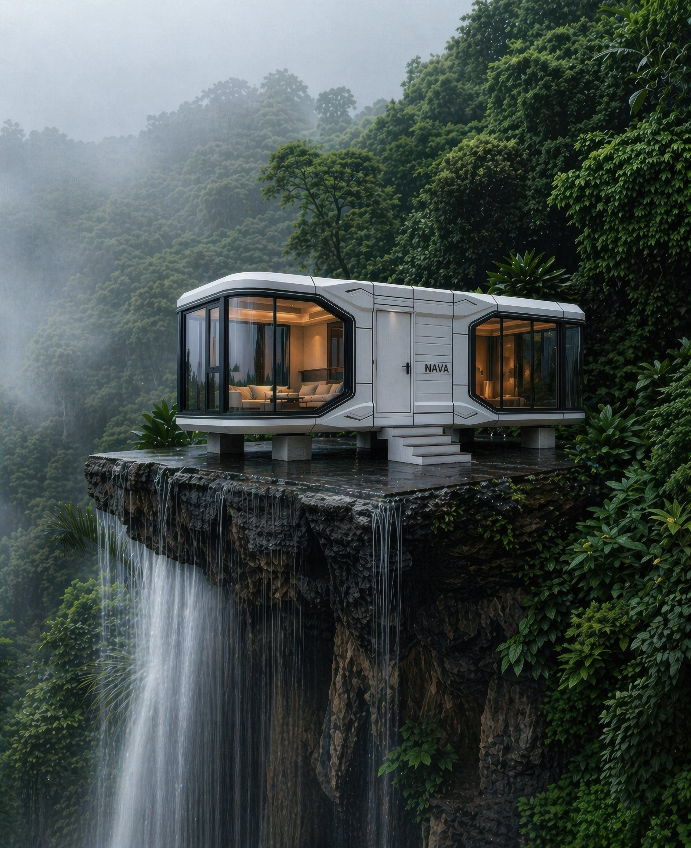 A futuristic white house with large glass windows surrounded by lush green trees and vegetation, built on a raised platform overlooking a waterfall.