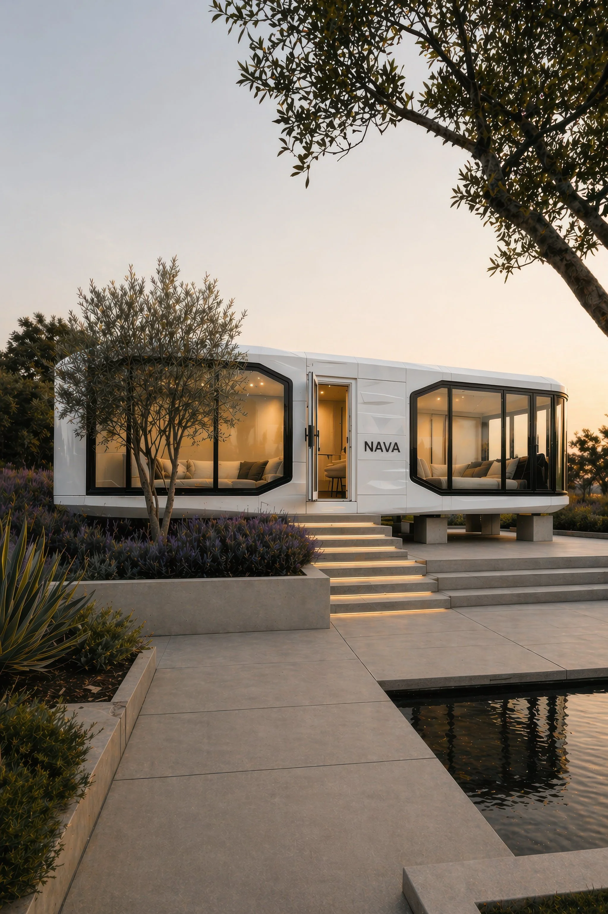 Modern white pod-shaped house with large glass windows, situated by a pond, surrounded by landscaped plants and trees, with stairs leading to the entrance at sunset.