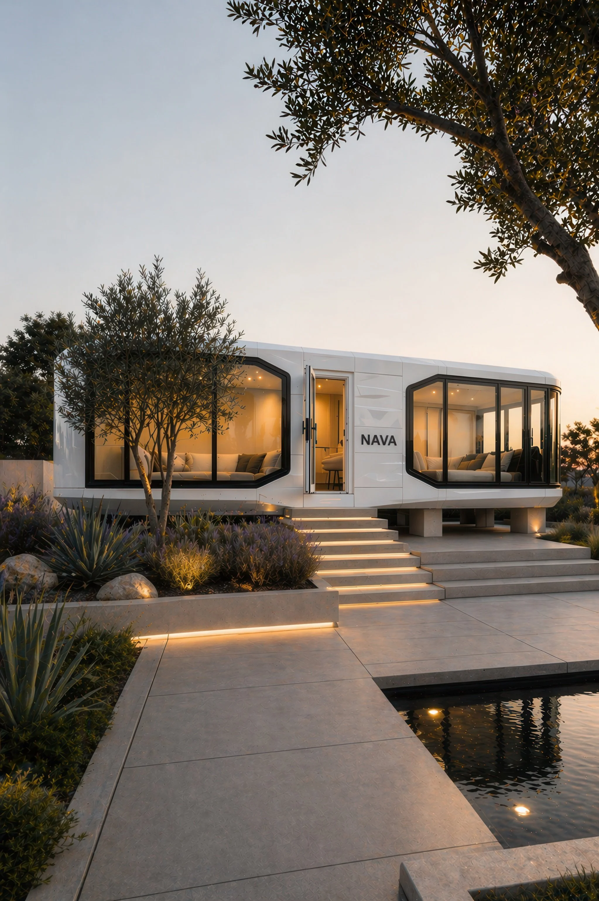 Modern white tiny house with large glass windows, surrounded by desert plants and trees, with steps leading up to the entrance, at sunset.