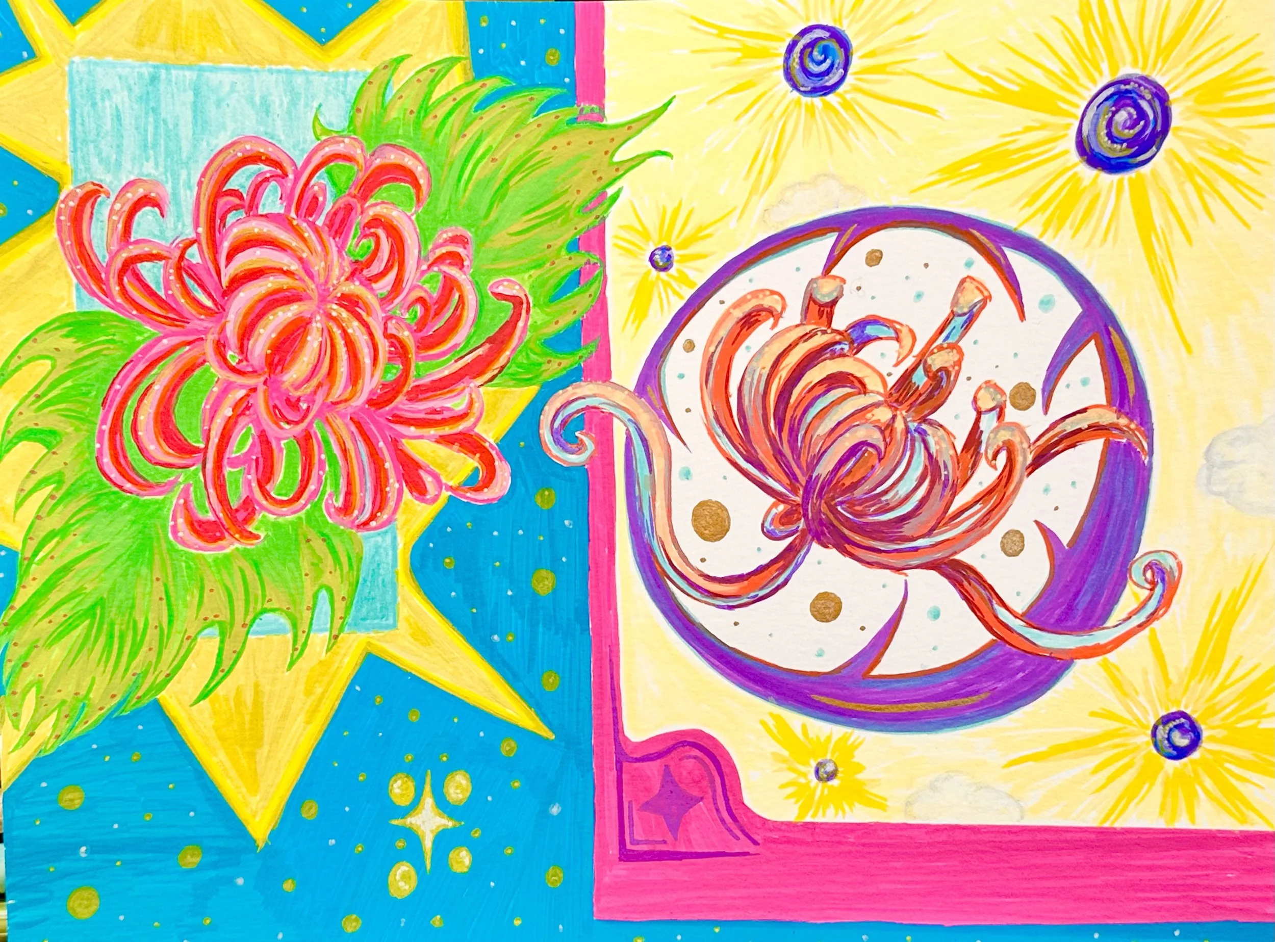 A colorful abstract drawing divided into sections with floral, cosmic, and geometric patterns in bright colors including pink, yellow, blue, green, purple, and gold.
