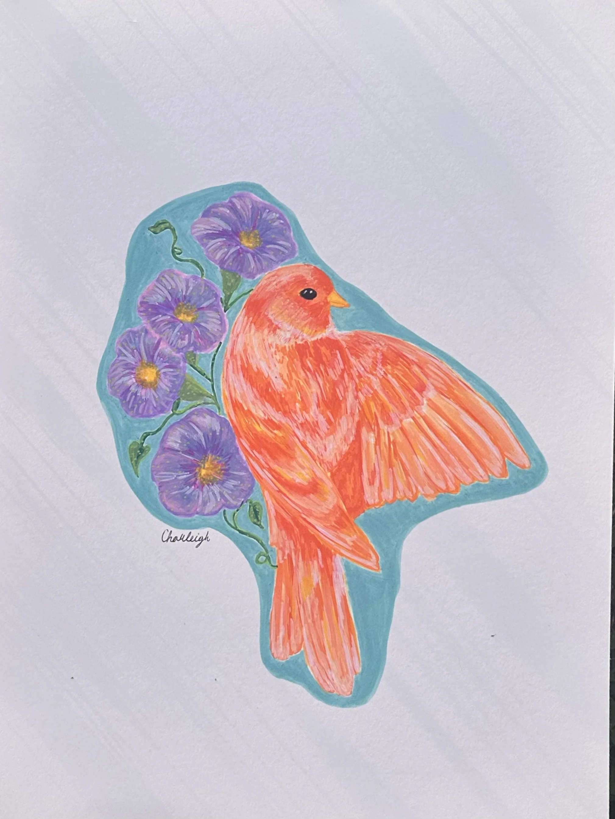 Hand-painted illustration of a bright orange bird with a yellow beak, black eye, and textured feathers, accompanied by purple morning glory flowers with yellow centers, all set against a light background.